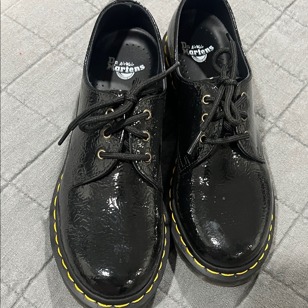 Dr. Martens Shiny Black Shoes with Yellow Stitching